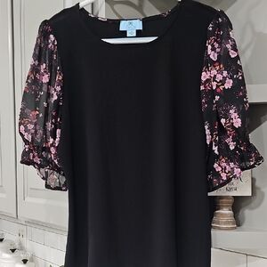 CeCe Black Blouse with Pink Floral Sleeves
